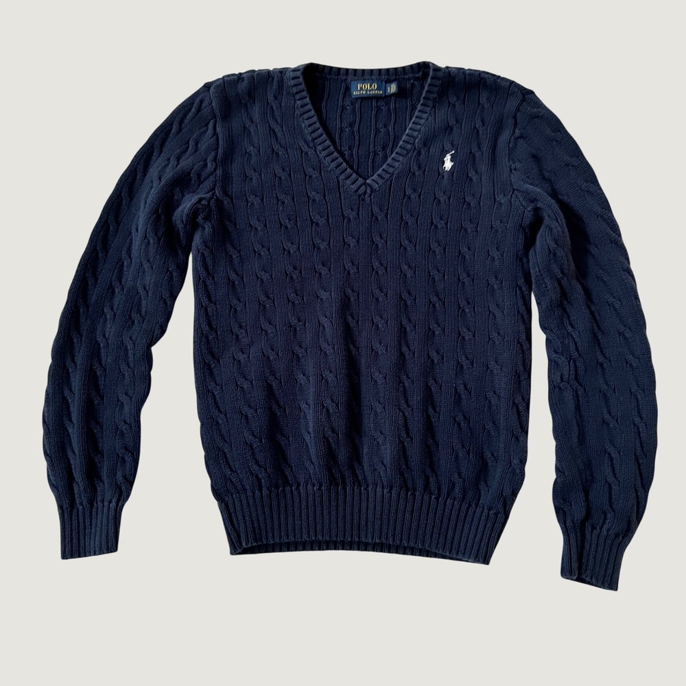 Polo Ralph Lauren Sweater Navy Blue Cable Knit V-Neck Cotton Large